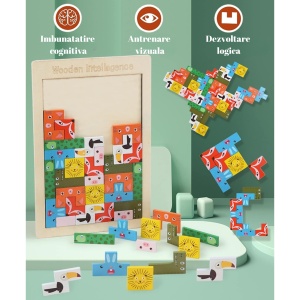 Puzzle din Lemn Flippy, Tip Tetris, +4 Ani, cu Animale Colorate 3D, 40 Piese, Multicolor - Img 7