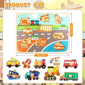 Puzzle Montessori din Lemn pentru Copii, Flippy, 0-3 Ani, 3D, Model Transporturi, Educativ, Intuitiv, Creativ, 9 Piese, 30x22.5x0.8 cm, Multicolor - Img 4