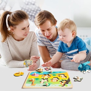 Puzzle Montessori din Lemn pentru Copii, Flippy, 0-3 Ani, Model Animale din Jungla, Educativ, Intuitiv, Creativ, 9 Piese, 30x22.5x0.8 cm, Multicolor - Img 8
