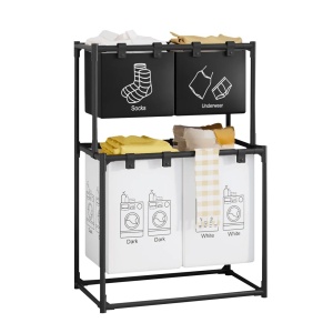 Raft/Cos Depozitare Haine Murdare, Flippy, pentru Baie, cu 2 Etaje, 4 Cosuri, Cadru de Otel Inoxidabil, 97 x 44 x 57 cm, Negru - Img 1