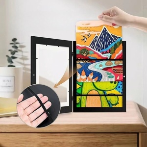 Rama Foto Flippy, din Lemn, cu Spatiu Pentru Depozitare, Pentru Desene si Picturi A4, Sticla Securizata, Rama MDF, Negru - Img 5