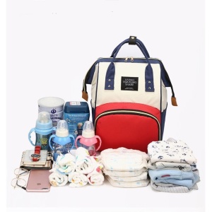 Rucsac Multifunctional pentru Mamici, Flippy, din Panza Oxford, Compartimentare Multipla, Impermeabil, 43 x 18 x 26 cm, Alb/Rosu/Albastru - Img 7
