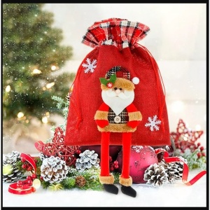Sac cadouri Flippy, tematica Mos Craciun, Material Textil, 30x25 cm, cu Siret, Rosu - Img 5