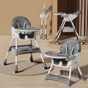 Scaun de Masa pentru Bebelusi si Copii, Flippy, cu Roti, Telescopic, Pliabil, Masuta Reglabila, Suport Picioare, Scaun cu Invelis Piele Artificiala, Centura Siguranta, Spatiu Depozitare, 97x73x65 cm, Gri - Img 3
