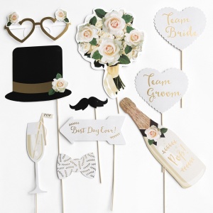 Set 10 Accesorii pentru Petrecere, Flippy, Props pentru Coltul de Poze, Model Mire si Mireasa, Tematica Nunta, Multicolor - Img 3