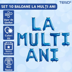 Set 10 Baloane din Folie Metalizata, Flippy, Figurine Litere, Model La multi ani, Tema Aniversare, 40 cm, Ambalaj Individual, Pai Inclus, Umflare cu Aer sau Heliu, Albastru - Img 3