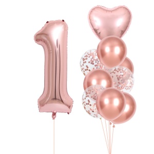 Set 10 Baloane Folie si Latex, Flippy, Tematica Aniversare, Baloane Latex 25cm, Figurina Inimioara 45 cm, Cifra 1 de 81 cm, Ambalaj Individual, Pai Inclus, Umflare cu Aer sau Heliu, Roz Pal