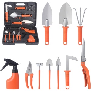 Set 10 Unelte de Gradina, Flippy, pentru Plantare Prelucrare Sol si Ingrijire Plante, Manere Portocalii, Material PVC si Otel Inoxidabil, Cutie Inclusa, 37x28x7 cm, Negru - Img 2