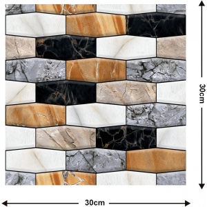 Set 10 x Placi Tapet Autocolant 3D cu Imitatie de Marmura Asimetrica, pentru Perete Bucatarie Sufragerie, Usor de Curatat, Rezistent la Apa, Autoadeziv, 30x30 cm, Maro Gri Negru - Img 3