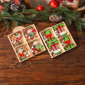 Set 12 Decoratiuni de Craciun din Lemn, Flippy, cu Snur pentru Agatare in Brad, Model Caciulite 6.3x5.2 cm si Pantaloni 6.3x6 cm, Multicolor - Img 7