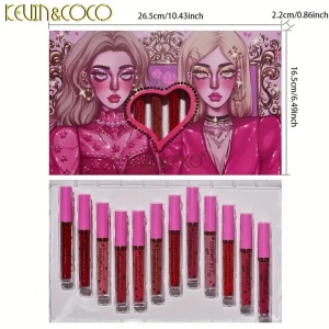 Set 12 Lip Gloss Kevin&Coco, nuante de rosu, rose, nude, cutie dreptunghiulara, 26.5x16.5x2.2 cm, 200 g, multicolor - Img 2