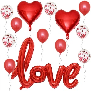 Set 13 Baloane din Folie Metalizata si din Latex, Flippy, Figurine Litere si Inima, Model Love, Tema Ziua Indragostitilor, Baloane Party cu Confetti, 102x65cm, 45 cm, 30 cm, Pai Inclus, Umflare cu Aer sau Heliu, Rosu - Img 4