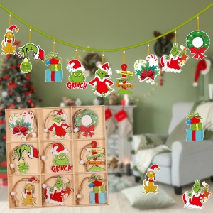 Set 18 Decoratiuni de Craciun din Lemn, Flippy, cu Snur pentru Agatare in Brad, Model Grinch, Diferite Dimensiuni, Multicolor - Img 6