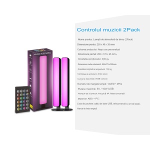 Set 2 Lampi de Birou, Flippy, RGB Colorat, 28 LED, Putere 5V, Telecomanda cu 24 de Taste, Cablu USB, Negru, 25.5x4x3.5cm - Img 9