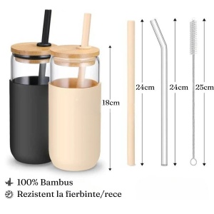 Set 2 Pahare din Sticla Termoizolante Transparente, Flippy, Capace si Paie Incluse, 500 mL, Silicon Negru si Crem - Img 3