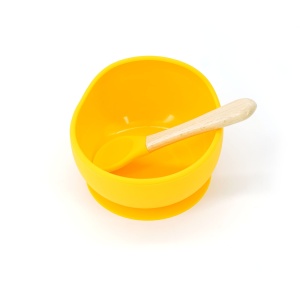 Set 2 piese diversificare bebelusi si copii din silicon Flippy, bol cu ventuza, lingurita din lemn si silicon, pentru gustari, fara alergeni, galben - Img 2