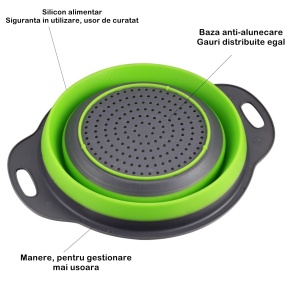 Set 2 strecuratori pliabile din silicon alimentar Flippy, cu manere, fund antiaderent si antialunecare, rotunda, doua dimensiuni, usor de depozitat, compatibil cu masina de spalat vase, verde - Img 3