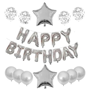 Set 25 de Baloane din Folie Metalizata si Latex, Flippy, Figurine 2 Stele, 4 Baloane Confetti, 13 Litere, 6 Latex, Model Happy Birthday, Tema Aniversare, 40 cm, Ambalaj Individual, Pai Inclus, Umflare cu Aer sau Heliu, Argintiu - Img 3