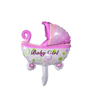 Set 3 Baloane din Folie Metalizata, Flippy, Figurine Carucior, Inima, Fundita, Tema Botez, 45 cm, Ambalaj Individual, Pai Inclus, Umflare cu Aer sau Heliu, Roz - Img 2