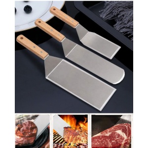 Set 3 spatule pentru gratar Flippy, din metal, margini subtiri, suprafata antiaderenta, rezistente la temperaturi ridicate, maner ergonomic din lemn, 3 forme, agatatoare, gri - Img 2