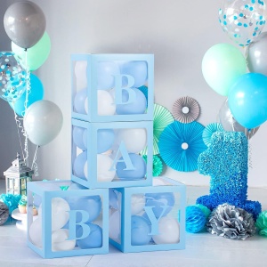 Set 4 Cutii pentru Baloane, Flippy, Model Scris Baby, Tematica Iubire, Cuburi Decorative din Plastic, Accesorii pentru Petrecere, 30 x30 cm, Transparente Contur Albastru - Img 7