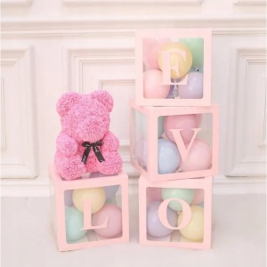 Set 4 Cutii pentru Baloane, Flippy, Model Scris Love, Tematica Iubire, Cuburi Decorative din Plastic, Accesorii pentru Petrecere, 30 x30 cm, Transparente Contur Roz - Img 4