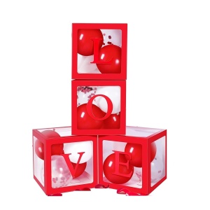 Set 4 Cutii pentru Baloane, Flippy, Model Scris Love, Tematica Iubire, Cuburi Decorative din Plastic, Accesorii pentru Petrecere, 30x30 cm, Transparente Contur Rosu - Img 4
