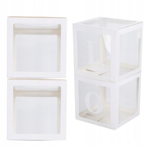Set 4 Cutii pentru Baloane, Flippy, Model Simplu, Tematica Aniversare, Cuburi Decorative din Plastic, Accesorii pentru Petrecere, 30 x30 cm, Transparente Contur Alb - Img 4