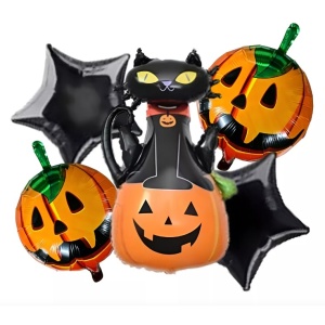 Set 5 Baloane din Folie Metalizata, Flippy, Figurine, Tema Halloween, Pai Inclus, Ambalaj Individual, Umflare cu Aer sau Heliu, Figurina Dovleac si Pisica 90x60 cm, Stelute si Cerculete 45 cm, Portocaliu-Negru - Img 4