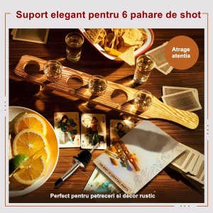 Set 6 Pahare Shot din Sticla Flippy, cu Suport din Lemn, Design Rustic, 49.5 x 7 x 6.5 cm, Maro - Img 3