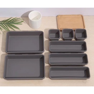 Set 8 cutii depozitare, pentru sertar, cosmetice, ustensile bucatarie, textile, plastic, gri, Flippy, 23.5 x 16 cm - Img 5