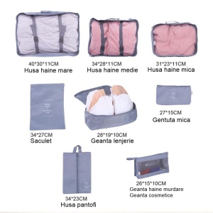 Set 8 huse organizare bagaj Flippy, material poliester, impermeabil, cu fermoar, pentru calatorii sau dulap, sac pentru pantofi inclus, pliabil, gri - Img 2