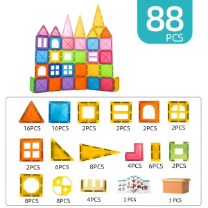 Set 88 Piese Magnetice de Constructie, Flippy, Piese 5.5 cm, Magnetic Tiles, Forme Geometrice, 3 Ani, ABS, Magnet, 27.5 x 21.5 x 17 cm, Multicolor - Img 5