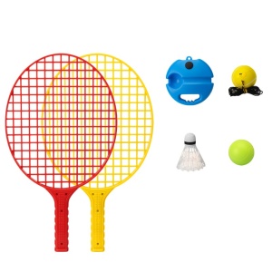 Set Badminton pentru Copii, Flippy, Doua Palete, Fluturas, 2 Mingi, Minge cu Elastic pentru Antrenament, Suport de Prindere Stabil, 40.5x23 cm, Rosu Galben - Img 1