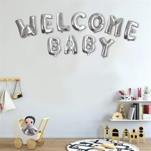 Set Baloane din Folie Metalizata, Flippy, Figurine Litere, Model Welcome Baby, Tema Aniversare, 40 cm, Ambalaj Individual, Pai inclus, Umflare cu Aer sau Heliu, Argintiu - Img 4
