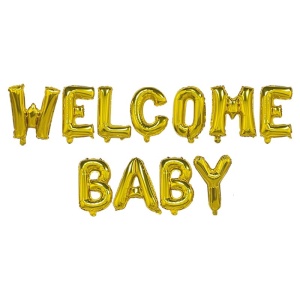 Set Baloane din Folie Metalizata, Flippy, Model Welcome Baby, Litere de 40 cm, Baloane Party, Ambalaj Individual, Pai, Ata si Adeziv Incluse, Umflare cu Aer sau Heliu, Auriu