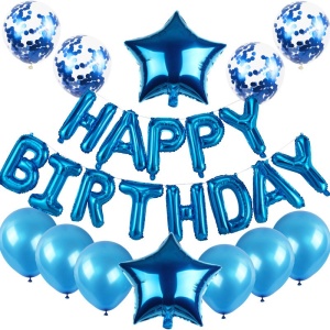 Set baloane din folie metalizata si baloane din latex, baloane HAPPY BIRTHDAY, 4 baloane latex Confetti, 6 baloane latex Roz, 2 baloane folie Steluta, 40cm, Albastru