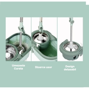 Set mop rotativ cu galeata Flippy, material plastic si microfibra, o rezerva inclusa, rezistent, cu dop scurgere, vas detasabil, orificiu pentru solutie, pentru interior, capacitate 8 l, verde - Img 2