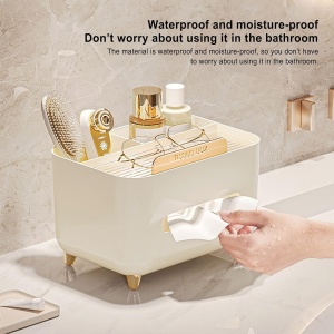Suport pentru Servetele, Flippy, Cutie Multifunctionala, Design Minimalist, ABS, cu Suport pentru Obiectele Personale, pentru Birou, 21x15x13 cm, Crem - Img 8