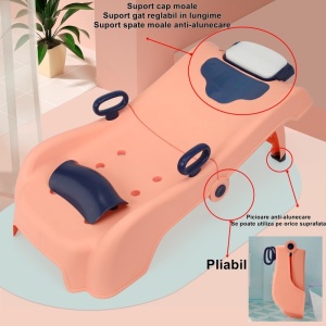 Suport Pliabil pentru Spalat Parul Flippy, Pentru Copii, 0 - 16 ani, cu Picioare Antialunecare, Material Polipropilena, Suport Cap Reglabil, cu Manere, 82 x 40 x 28 cm, Roz pal - Img 3