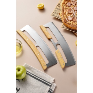 Taietor Feliator de Pizza, Flippy, din Otel Inoxidabil, cu Capac, Maner din Doua Bucatie, din Lemn, Antialunecare, Lama Neteda si Ascutita, 34x10 cm, Maro - Img 4