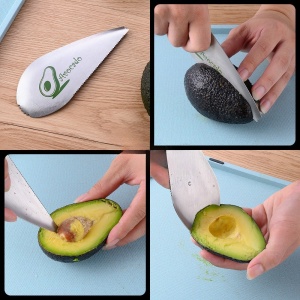 Taietor special pentru avocado Flippy, 3 in 1, forma curbata, zimti pentru apucare si taiere, din otel inoxidabil, 15 x 6 cm, gri - Img 2