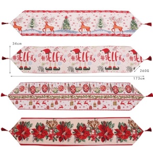 Traversa de Masa pentru Craciun, Flippy, Napron, din Material Tricotat cu Tesatura Groasa, Model Globuri, Reni si Cadouri, cu Colt si Ciucure, 173x34x0.2 cm, Alb/ Rosu - Img 3