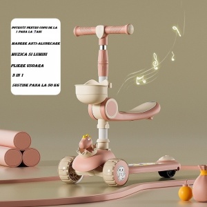 Trotineta Multifunctionala 3 in 1, Flippy, pentru Copii, 1-7 Ani, cu Lumini si Muzica, Reglabil 360, Pliere Usoara, Reglarea Inaltimii, Model Dinozaur, Alb/Roz - Img 3
