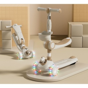 Trotineta Multifunctionala 3 in 1, Flippy, pentru Copii, 1-7 Ani, cu Lumini si Muzica, Reglabil 360, Pliere Usoara, Reglarea Inaltimii, Model Dinozaur, 67-76 x 24 x 55 cm, Alb/Bej - Img 6
