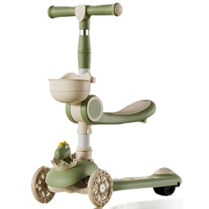 Trotineta Multifunctionala 3 in 1, Flippy, pentru Copii, 1-7 Ani, cu Lumini si Muzica, Reglabil 360, Pliere Usoara, Reglarea Inaltimii, Model Dinozaur, Bej/Verde - Img 1