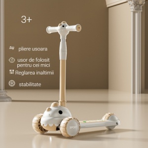 Trotineta Multifunctionala 6 in 1, Flippy, Pentru Copii De La 10 Luni Pana La 12 Ani, Cu Maner De Impingere, Reglabil 360, Pliere Usoara, Reglarea Inaltimii, Model Dinozaur, Alb/Bej - Img 3