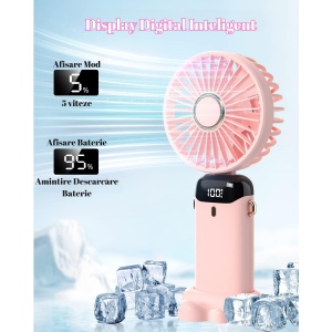 Ventilator Ultra Portabil cu Aromaterapie, Flippy, 3 in 1, de Mana, de Birou, de Gat, 5 Trepte de Viteza, Incarcare USB, Autonomie 12h, Pliabil, cu Ecran LCD, Roz - Img 7