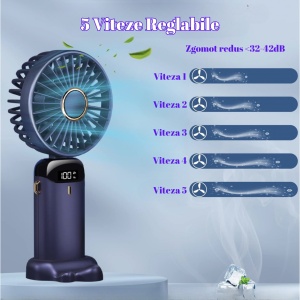 Ventilator Ultra Portabil cu Aromaterapie, Flippy, 3 in 1, de Mana, de Birou, de Gat, 5 Trepte de Viteza, Incarcare USB, Autonomie 12h, Pliabil, cu Ecran LCD, Mov - Img 2