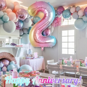 Balon din Folie Metalizata Flippy, Figurina Cifra Gradient, Tema Aniversare 40 cm, Ambalaj Individual, Pai inclus, Umflare cu Aer sau Heliu, Multicolor, Cifra 2 - Img 2